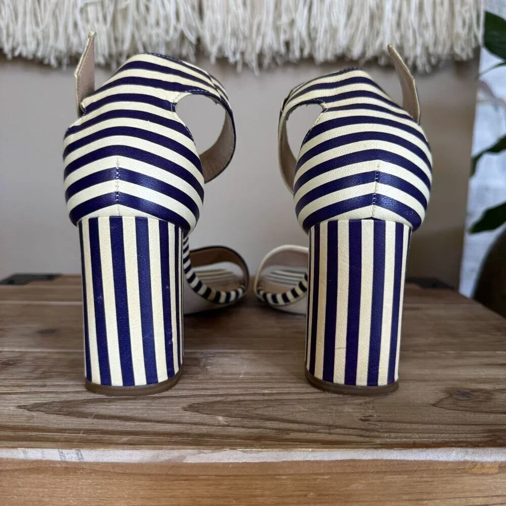 J. Crew Leather Light Cream Navy Stripe Ankle Strap Open Toe Block Heel Sandals